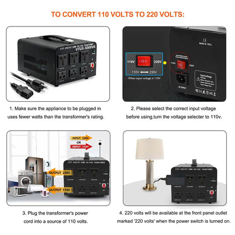 Heavy Duty 5000W Voltage Converter Transformer For Home And Travel Step Up From 110V-120V To 220V-240V Or Step Down From 220V To 110V With US Standard Power Cord And Circuit Breaker Protection Powers Most Appliances Even At Startup Surge Boss, featuring black design with multiple outlets and setup instructions.