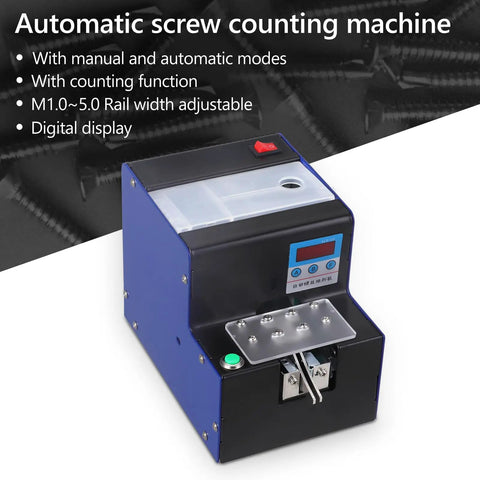 Automatic Screw Feeder Machine With Digital Display Counts M1.0 To M5.0 Fasteners, showing blue and black counting machine with digital display.