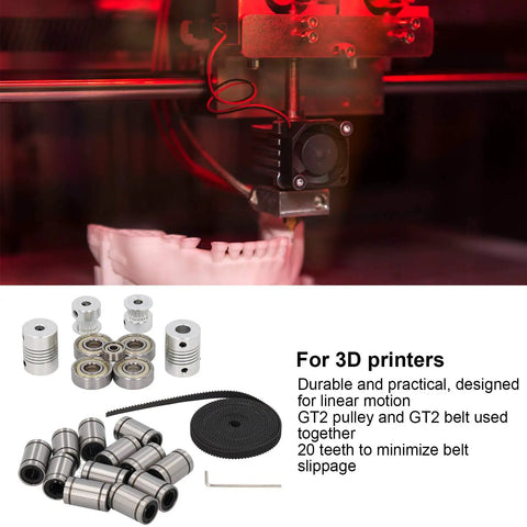 LM8UU Linear Bearing Upgrade Kit For 3D Printers With Motor Shaft Coupler And GT2 Timing Belt Pulleys Featuring Heavy Duty Stainless Steel And Aluminum Alloy Parts For Rock Solid Zero Wobble Printing On i3 Rigs
