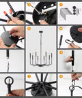 Assembly process for Eight Light Black Industrial Candle Chandelier, showing wiring, components, and final installation steps.