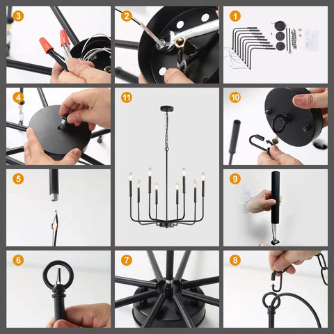 Assembly process for Eight Light Black Industrial Candle Chandelier, showing wiring, components, and final installation steps.