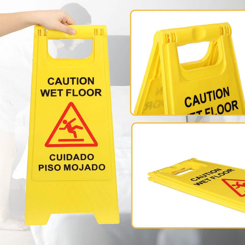 Heavy Duty Folding Wet Floor Signs, Set Of Twelve Double Sided Bilingual Safety Placards For Shop And Office Floors, Bold Yellow Warning Markers Ready To Roll With Zero Fuss And Rock Solid Build - Foldable yellow sign held in hand.