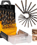 Twenty Five Piece Brad Point Drill Bit Set With Titanium Coated HSS Pro Grade Full Ground Wood Bits For Hardwood And Softwood In 1 To 13 Millimeter Sizes In Half Millimeter Steps With Durable Storage Case, displayed in open plastic case with bits organized by size.