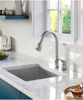 Hillwood Single Handle Two Hole Kitchen Faucet With Pull Down Sprayer Chrome Finish in modern kitchen setup