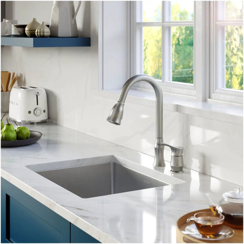Hillwood Single Handle Two Hole Kitchen Faucet With Pull Down Sprayer Chrome Finish in modern kitchen setup