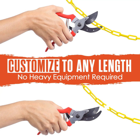 Hands using scissors to cut yellow plastic chain safety barrier 124 feet with 2 inch links lightweight UV protected.