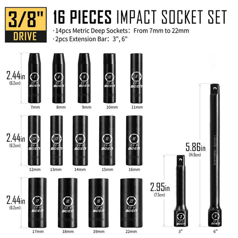 Three Eighths Inch Drive Deep Impact Socket Set Kit With 16 Piece Metric Sockets 7 To 22mm Including 3 Inch And 6 Inch Extension Bars