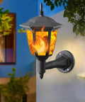 Four Pack Solar Flame Wall Lanterns Outdoor Lights Solar Powered No Wiring Needed Sconce LED Flickering Flame With Auto On Off Waterproof For Patio Porch Garden Garage Stairway Yard installed on exterior wall