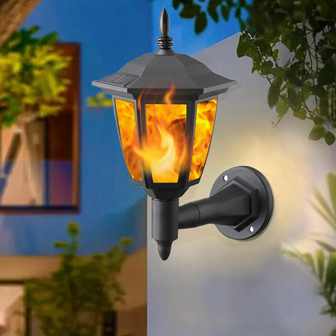 Four Pack Solar Flame Wall Lanterns Outdoor Lights Solar Powered No Wiring Needed Sconce LED Flickering Flame With Auto On Off Waterproof For Patio Porch Garden Garage Stairway Yard installed on exterior wall