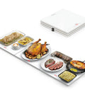 Extra Long Buffet Warming Tray Set 47 By 15 Inches 3 In 1 Modular Warmer With Independent Temperature And Timer Controls Glass Heat Mat For Catering And Big Gatherings shown with foods displayed.