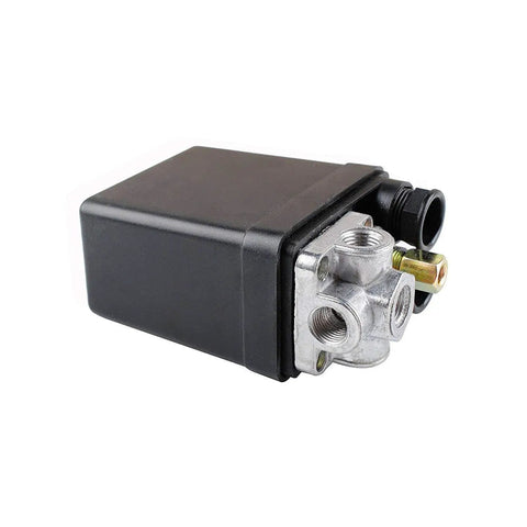 Side view of an Air Compressor Pressure Switch Control Valve With One Quarter Inch PT Thread And Safety Relief Valve, 4 Port, 240V Auto On Off