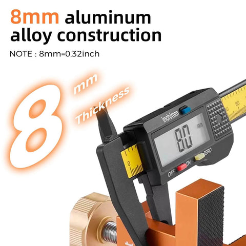 Close-up of Cabinet Door Mounting Jig With Upgraded Dual Hole Locator, showing 8mm aluminum alloy construction thickness