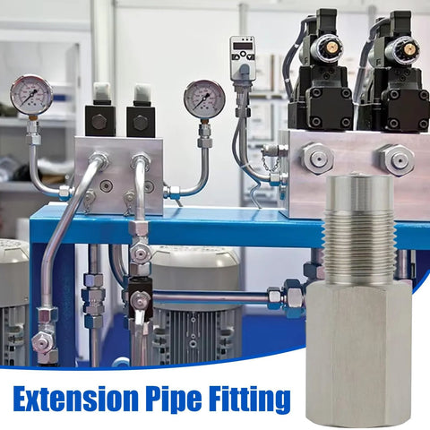 Extension pipe fitting, stainless steel threaded hose connector for industrial plumbing (front view).