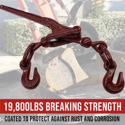 Heavy Duty Chain Lever Load Binder With Forged Grab Hooks 5 Sixteenths To 3 Eighths Inch Chain Tie Down Gear For Truck And Trailer Hauling 19,800 Lbs Breaking Strength 6,600 Lbs Working Load Limit Red Color
