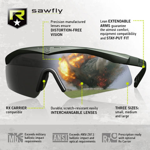 Sawfly Tactical Deluxe Vermillion Eyewear Kit With Clear Smoke Vermillion Lenses In Black Frame Large Anti Fog Ballistic Eye Protection Glasses Built Tough For Military And Civilians In Any Weather