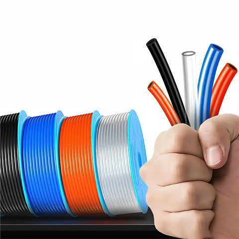 Flat Out Durable Black Polyurethane Pneumatic Hose For Air Compressors And Impact Tools 100 Meter Flexible Air Tubing Line 6x4mm Inner Diameter spools in various colors with a hand holding flexible hoses.