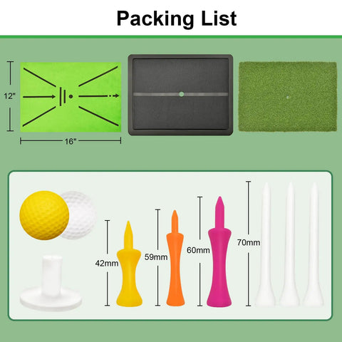 Ultimate Golf Practice Mat Set With Replaceable Mats And Tees, Two Mat System, indoor outdoor use, 16 by 12 inches, packing list