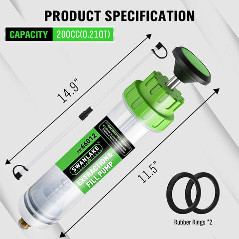 Swanlake 200cc fluid extractor syringe pump with clear body and green cap; includes two rubber rings