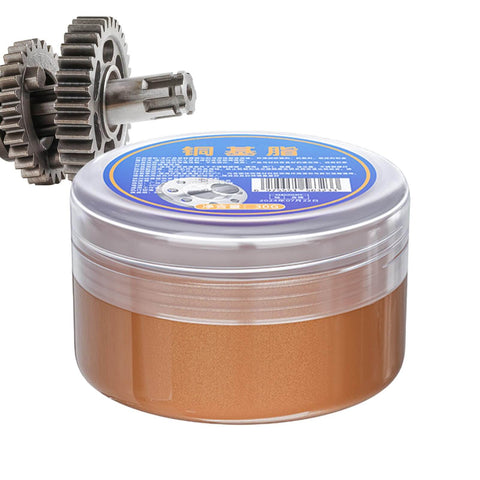 Copper Based Anti Seize Grease With High Temperature Protection jar next to metal gears, suitable for automotive and industrial use.