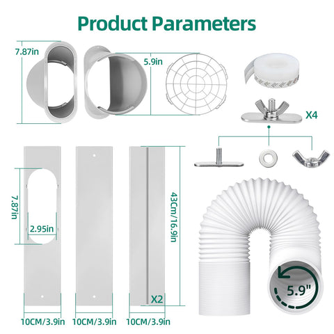 Product layout of Portable Air Conditioner Window Kit With Universal Seal For Sliding Or Vertical Windows Easy Install Includes 5.9 Inch Exhaust Hose And Adapter Sealing Tape Window Seal Plates Screws And More For A Tight Leak Free Fit including exhaust hose and seal plates.