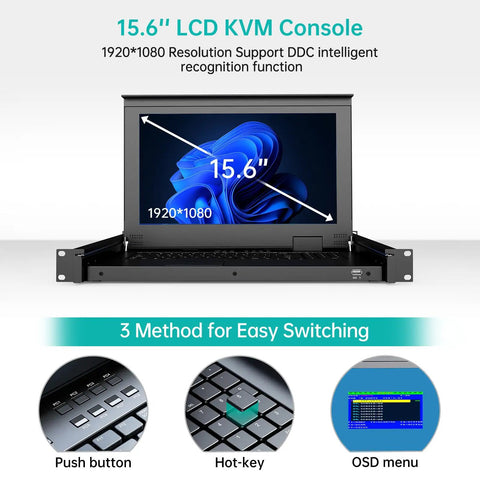 Beast Mode 16 Port Hdmi Kvm Console With 15.6 Inch Lcd Display And Crisp 1080p Feed Designed For 1U Server Racks To Make Switching Totally No Sweat Today, showing 15.6'' LCD screen and keyboard features.