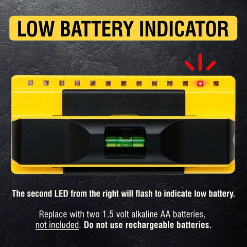 Close-up of ProSensor 710 Plus Stud Finder with low battery indicator and bubble level visible on black surface.