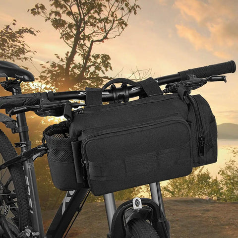 Bike Handlebar Bag With 900D Nylon Water Resistant Tactical Waist Pack for Cycling and Hiking mounted on bike handlebar