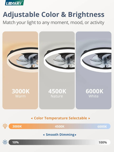 Adjustable brightness options for 20 Inch Black Bladeless Ceiling Fan Drops with 3000K, 4500K, and 6000K temperature settings.