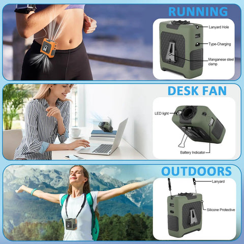 Rechargeable Portable Waist Fan 10000mAh With Five Speed Personal Clip On Belt Neck Fan For Hands Free Cooling Green in use