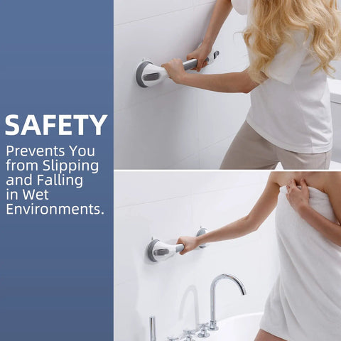 Smooth Operator Suction Shower Grab Bars For Bathtub Safety 2 Pack Strong Grip Handles No Drill Quick Install For Elderly Non Slip Bathroom Handrails Stays Firm Gray 16.8 Inch with user demonstrating use.