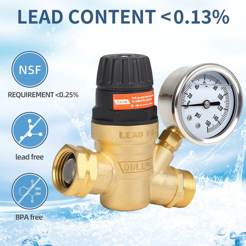 Front view of OULEME RV brass water pressure regulator valve with black knob, built-in gauge, 3/4" connector.
