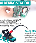 Pro Grade 2 In 1 Soldering Iron Station with hot air rework and sleep mode in use, showing temperature settings and calibration.