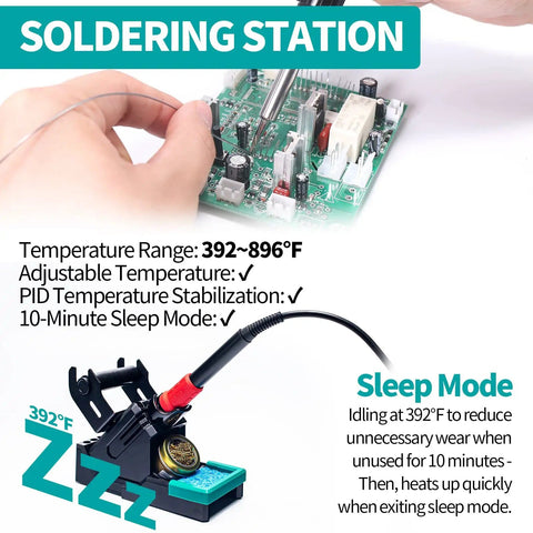 Pro Grade 2 In 1 Soldering Iron Station with hot air rework and sleep mode in use, showing temperature settings and calibration.