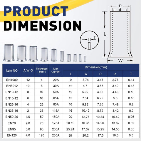 Wire Ferrules Kit 340 Pcs 8 Sizes AWG 2/0 to 12 Tinned Copper Non Insulated Crimp Connectors dimensions chart