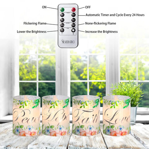 Flameless Real Wax Floral LED Candles With Remote And Timer 4 Pack for Home Decor Parties and Holiday Tables, glass covered.