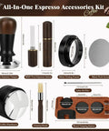 Premium Eight Piece Espresso Accessories Kit With 58Mm Tamper And Pro Distributor For Breville Gaggia Machines Making Legit Shots All Day Fly Barista Gear That Truly Slaps, showing tools like tamper, funnel, and brush.
