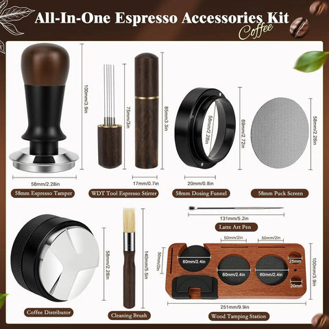 Premium Eight Piece Espresso Accessories Kit With 58Mm Tamper And Pro Distributor For Breville Gaggia Machines Making Legit Shots All Day Fly Barista Gear That Truly Slaps, showing tools like tamper, funnel, and brush.