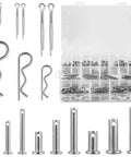 Pro Grade Stainless Steel 304 Pin Kit with cotter pins, clevis pins, R clips, and storage case visible in 122-piece set