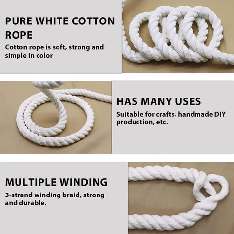 White Cotton Rope Three Eighths Inch Thick Twisted Craft Rope, 100 Feet, Eco Friendly Natural Cord Coiled for DIY Crafts