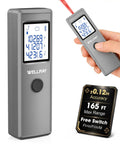 165Ft Laser Measuring Tool Distance Meter With 1 8th Inch Accuracy IP54 Dustproof Water Resistant Feet Inches And Meters For Area And Volume DIY Indoor Do It All Laser Measure Long Battery Life Runs On 2 AAA Batteries Gray, front view in hand