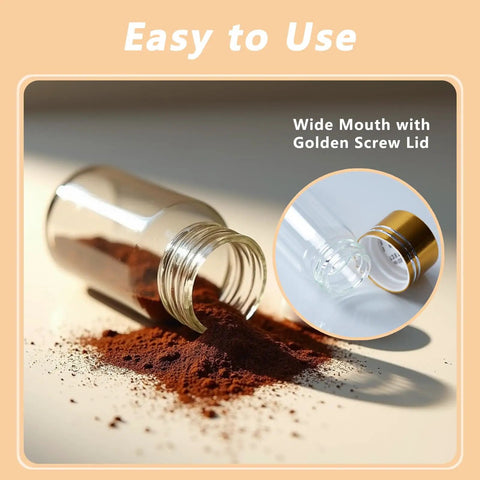 Four Pack Tiny Glass Jars With Lids 2ml Mini Vials, open jar with spilled spices and close-up of golden screw cap.