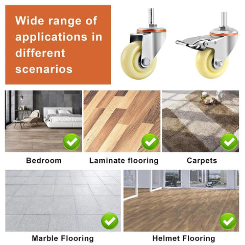 Beefy Swivel Stem Caster Wheels With Brake M Threaded Mount, shown for various flooring applications including laminate and carpet.