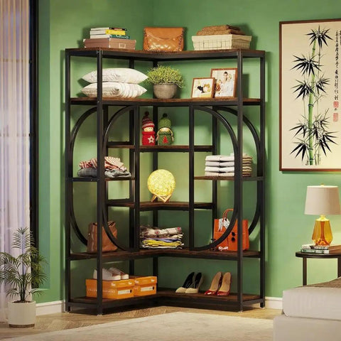 Sick Seven Tier Corner Shelving Unit For Living Room Or Office With Industrial Chic Vibe And Heavy Duty Metal Frame Engineered Wood Bookshelf For Game Changing Storage And Clean Room Setup