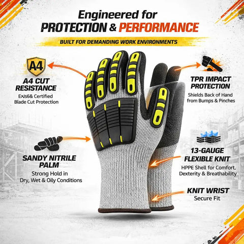 Knit Cut Resistant Work Gloves With Nitrile Coating And HPPE For A4 ANSI Cut Protection, TPR Back Of Hand Guards, 13 Gauge Gray Large