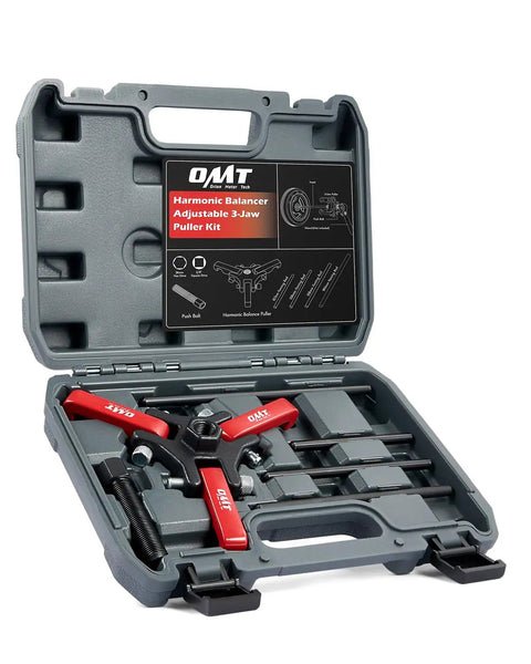 Harmonic Balancer Puller Kit With Adjustable Three Jaw Puller in red carrying case for engine repair on Chevy GM Chrysler Ford