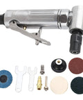 Heavy Duty Right Angle Air Die Grinder With Adjustable Speed Regulator And Beast Mode Tungsten Steel Internals For High Rpm Metalworking, detailed view with attachments.