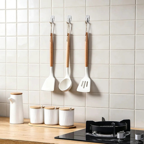 Clear Wire Wall Hooks With Removable Adhesive Strips No Damage Hacks For Ultimate Organization Holds Up To 2 Pounds Each for kitchen utensils