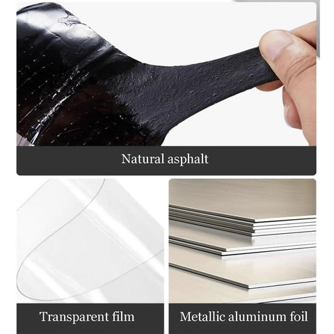 Close-up of Heavy Duty Self Adhesive Bitumen Roof Repair Tape showing natural asphalt and aluminum foil backing.