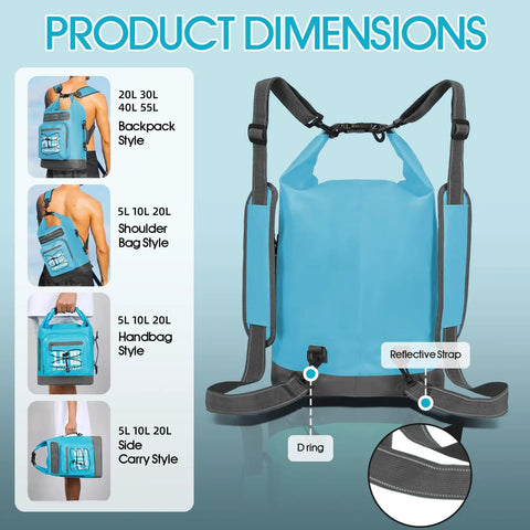 Waterproof Dry Bag Roll Top Backpack 5L To 55L With Waterproof Phone Case, blue backpack style with reflective straps shown