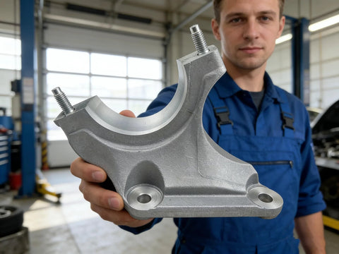 Mechanic holding a right-side CV axle shaft carrier bearing bracket direct fit replacement for 2013-2016 Escape and 2013-2017 Fusion.